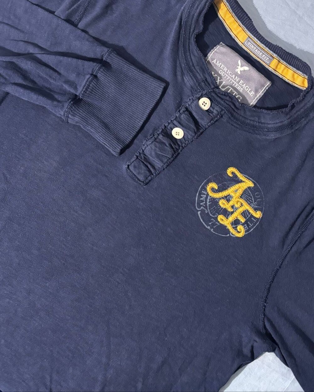 Vintage American Eagle Henley Shirt Mens 2XL XXL Blue Long Sleeve AE Logo Y2K